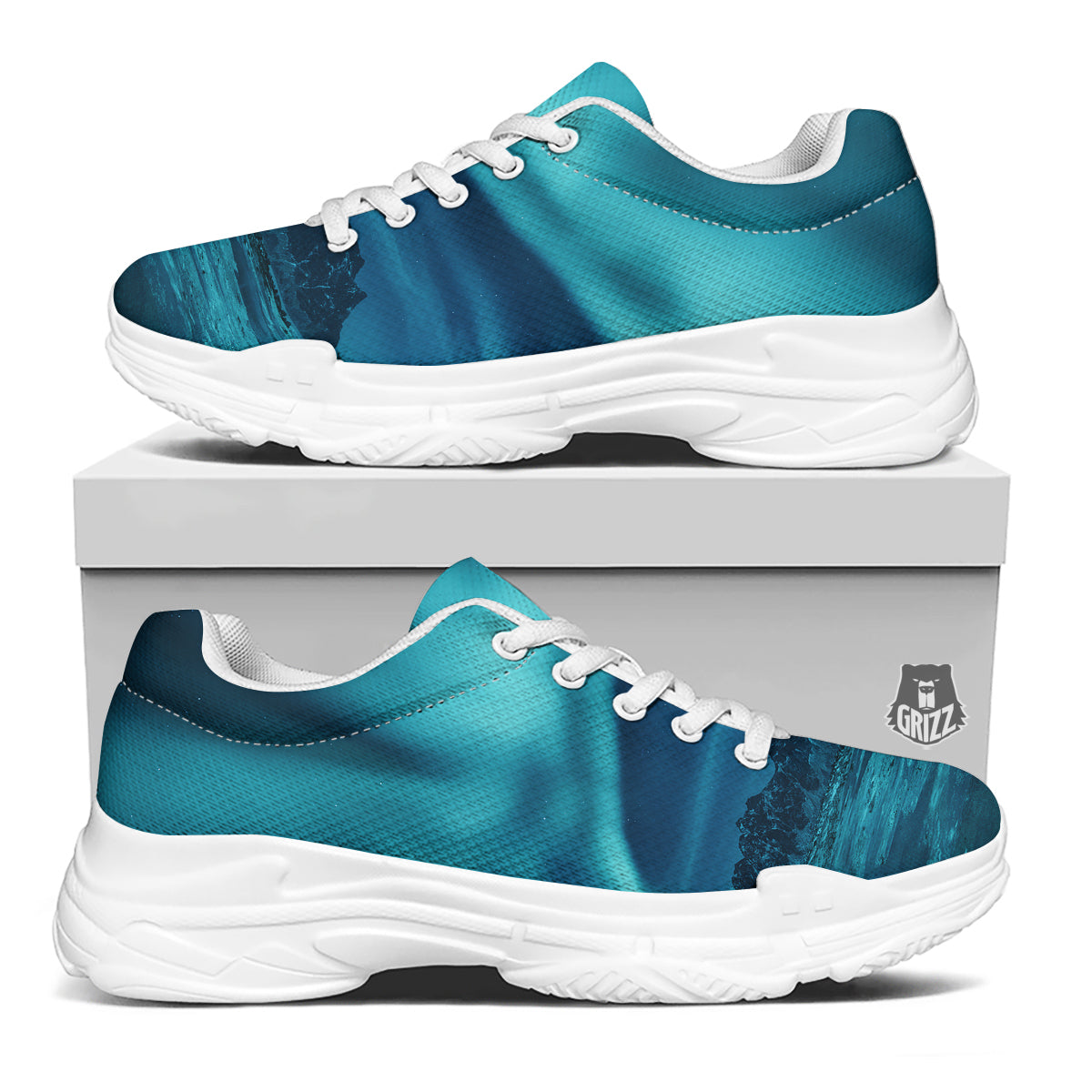 Blue Northern Lights And Mountain Print White Chunky Shoes-grizzshop