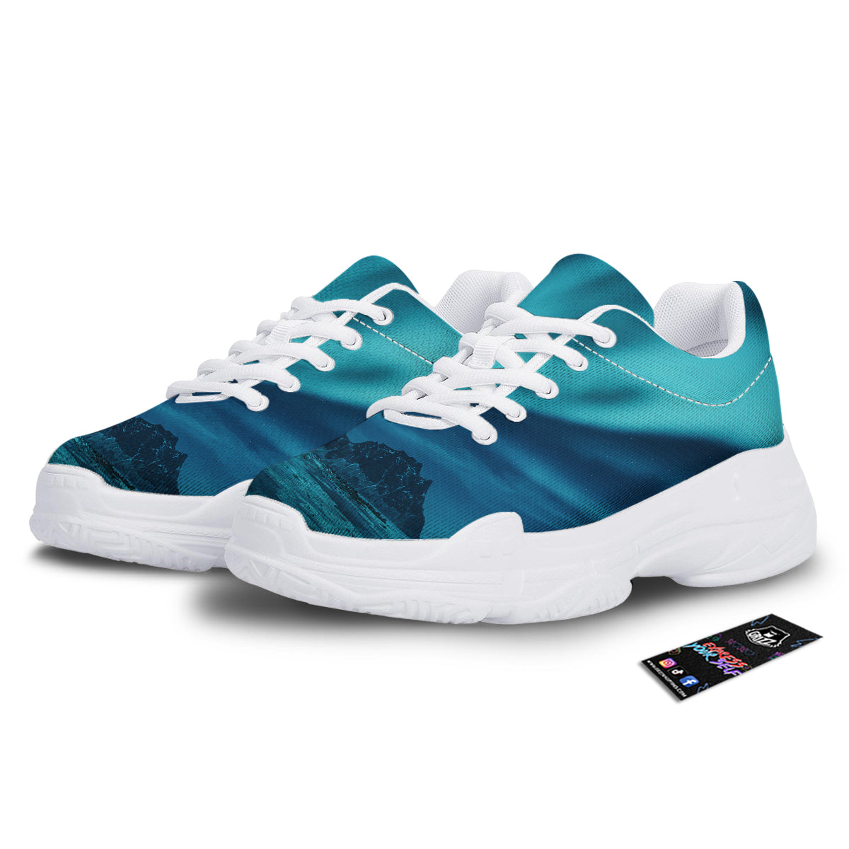 Blue Northern Lights And Mountain Print White Chunky Shoes-grizzshop