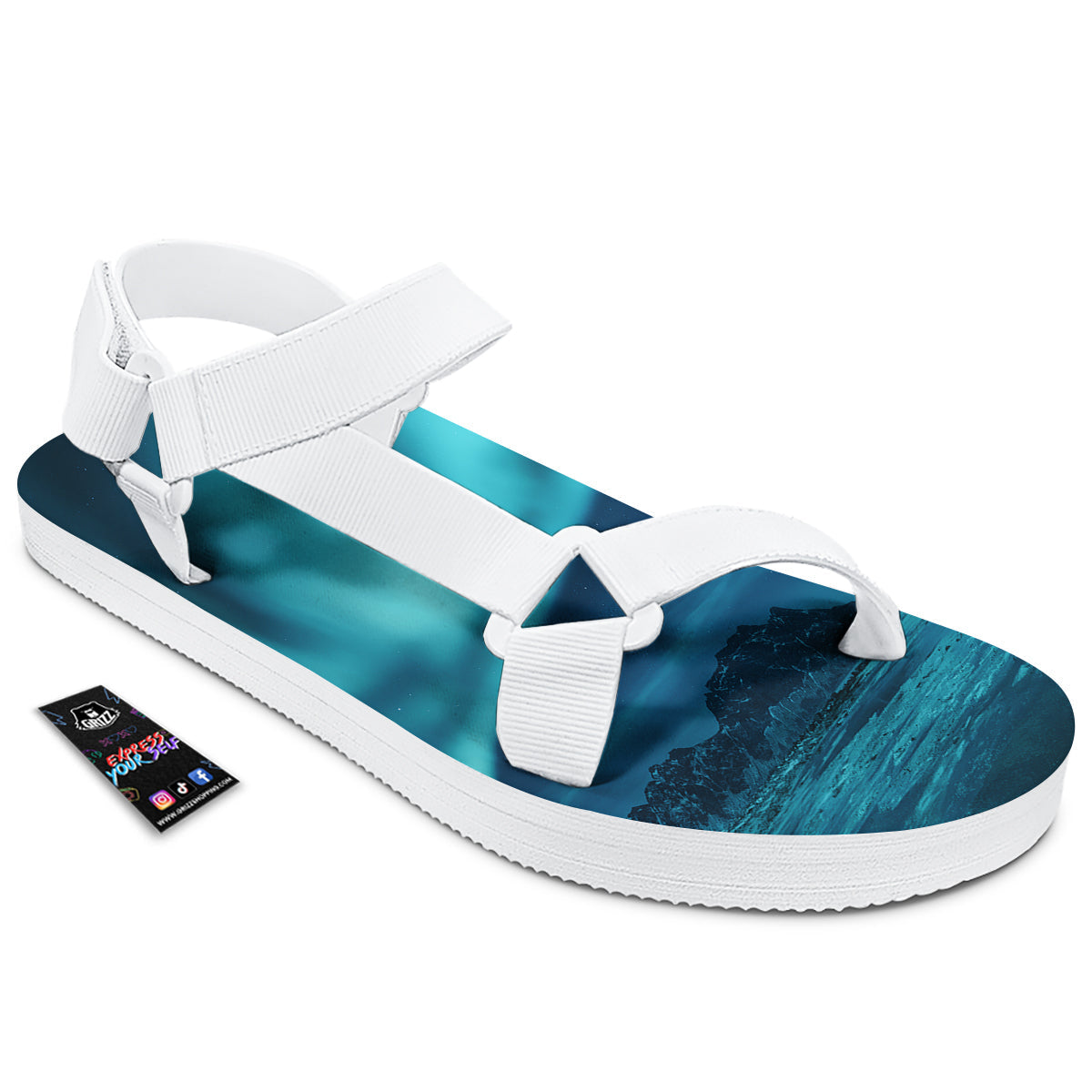 Blue Northern Lights And Mountain Print White Open Toe Sandals-grizzshop