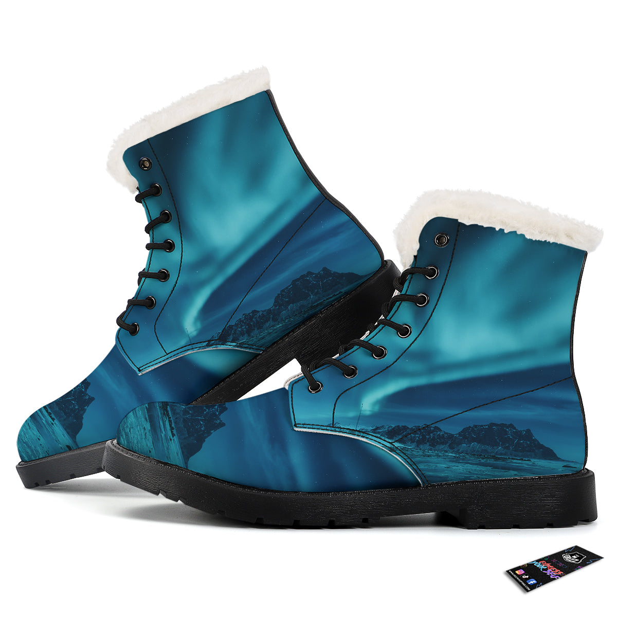 Blue Northern Lights And Mountain Print Winter Boots-grizzshop