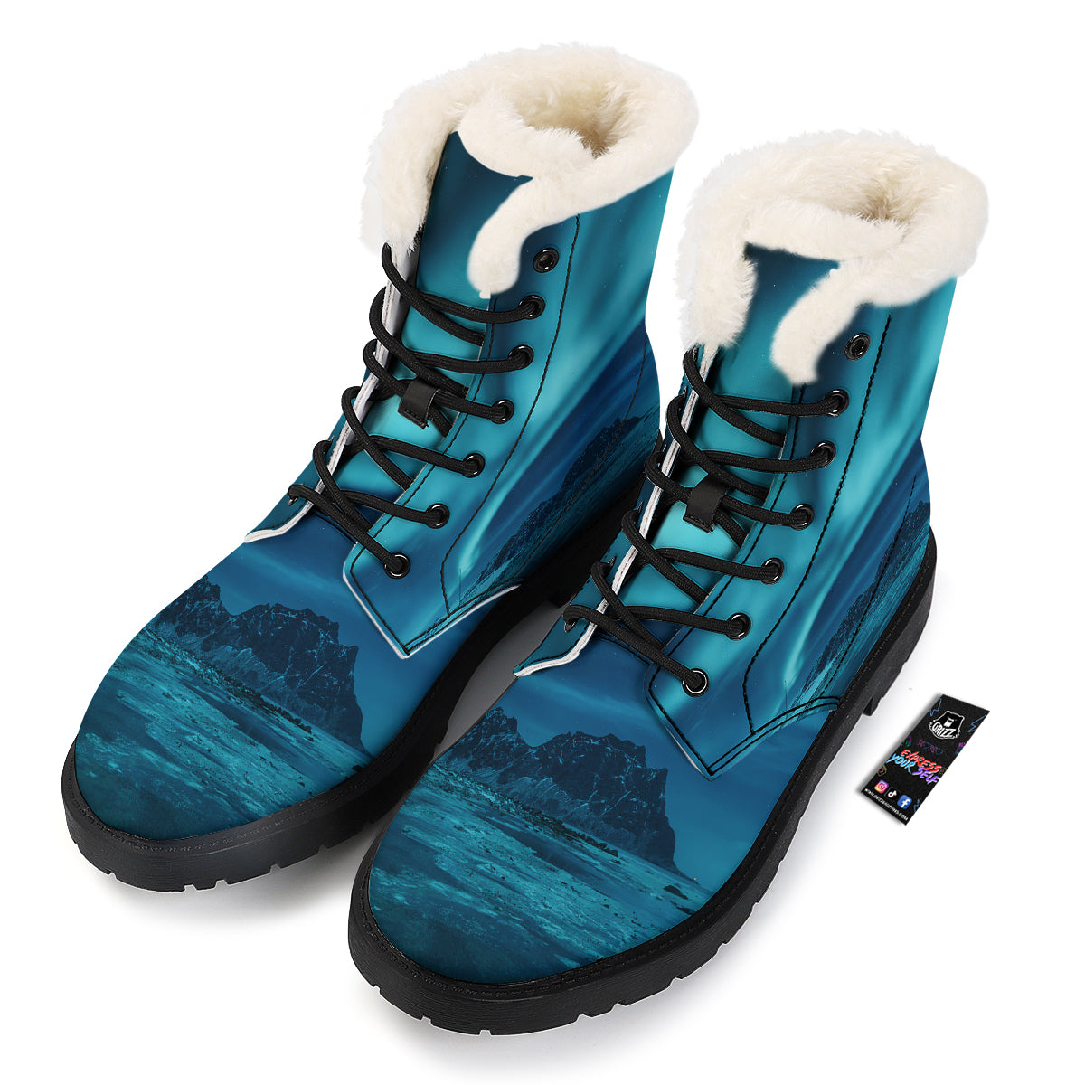 Blue Northern Lights And Mountain Print Winter Boots-grizzshop