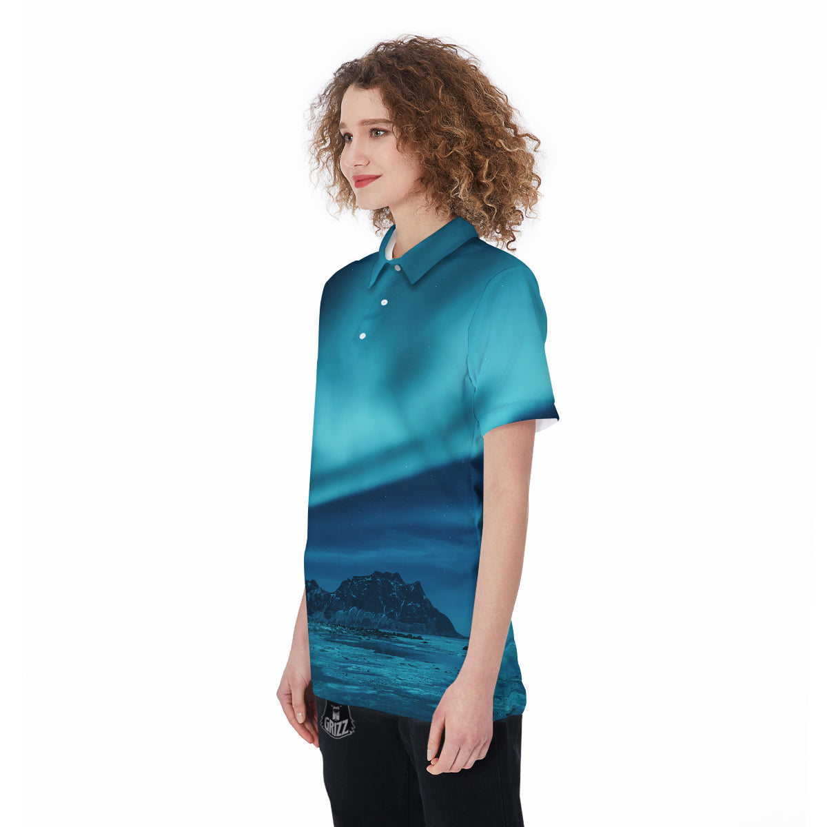 Blue Northern Lights And Mountain Print Women's Golf Shirts-grizzshop