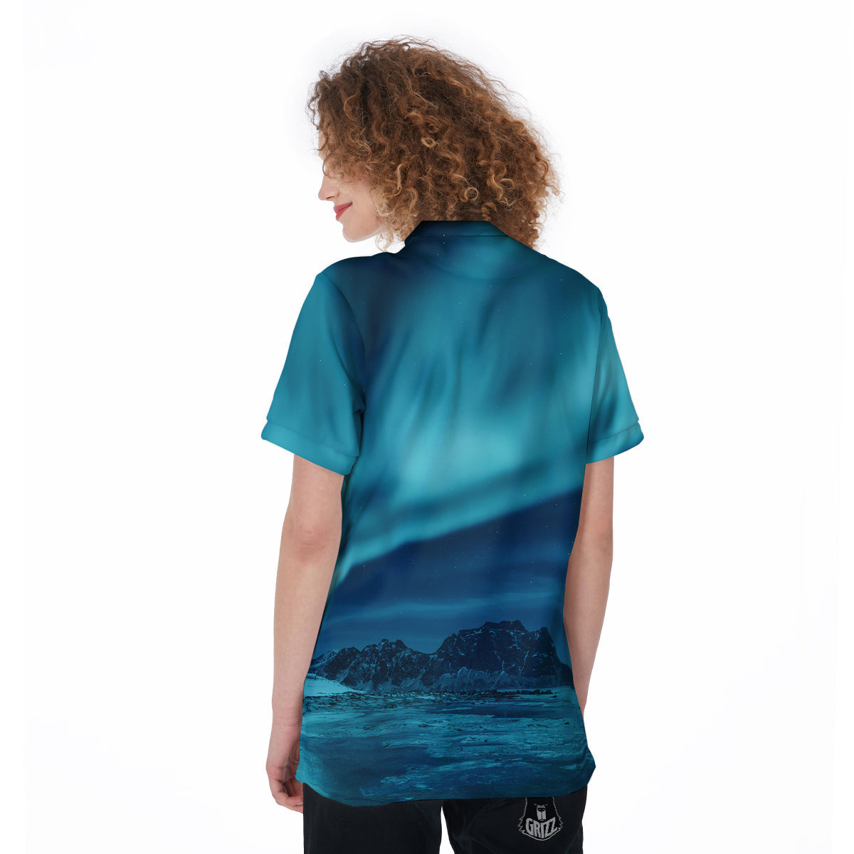 Blue Northern Lights And Mountain Print Women's Golf Shirts-grizzshop