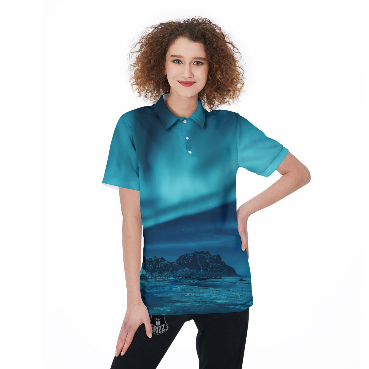 Blue Northern Lights And Mountain Print Women's Golf Shirts-grizzshop