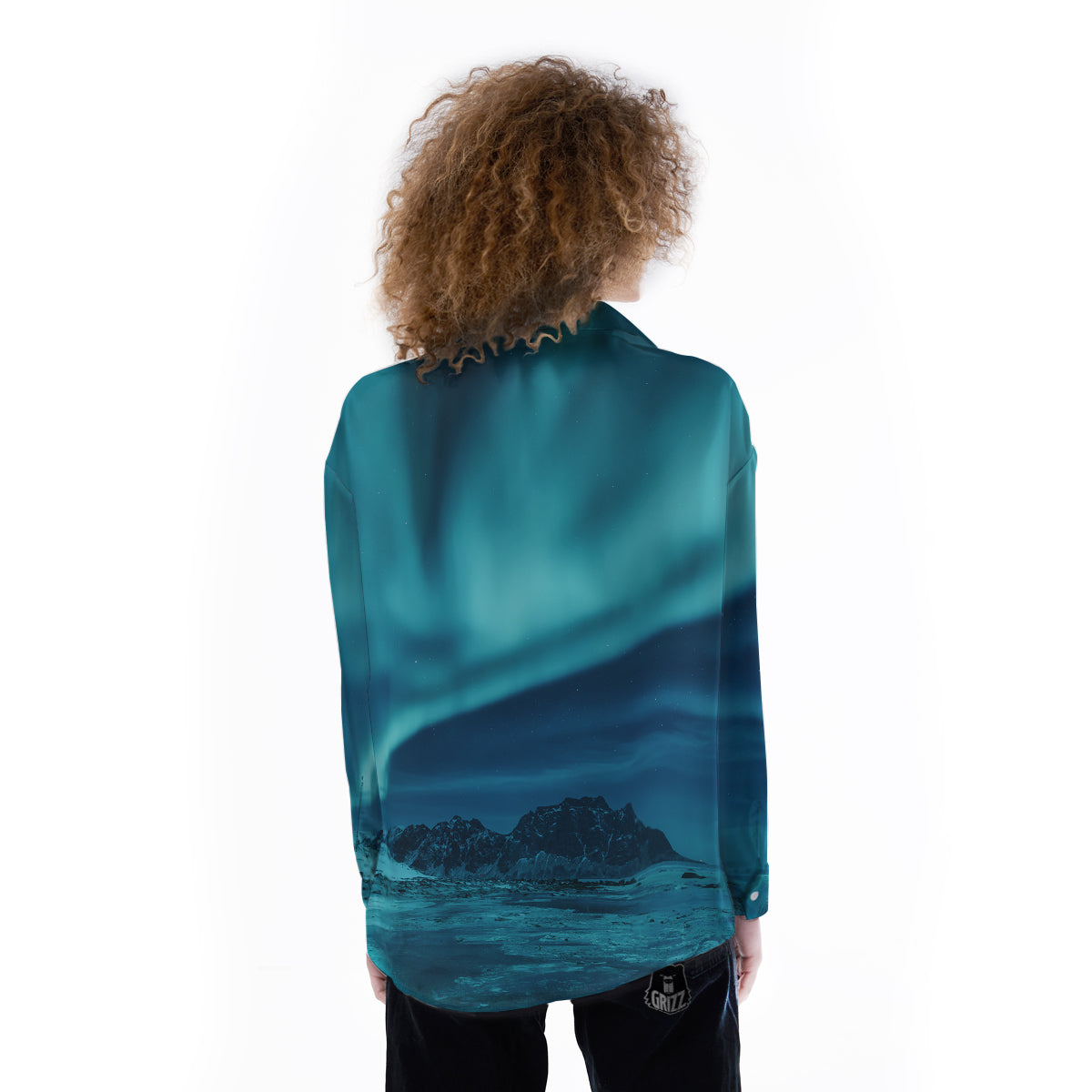 Blue Northern Lights And Mountain Print Women's Long Sleeve Shirts-grizzshop
