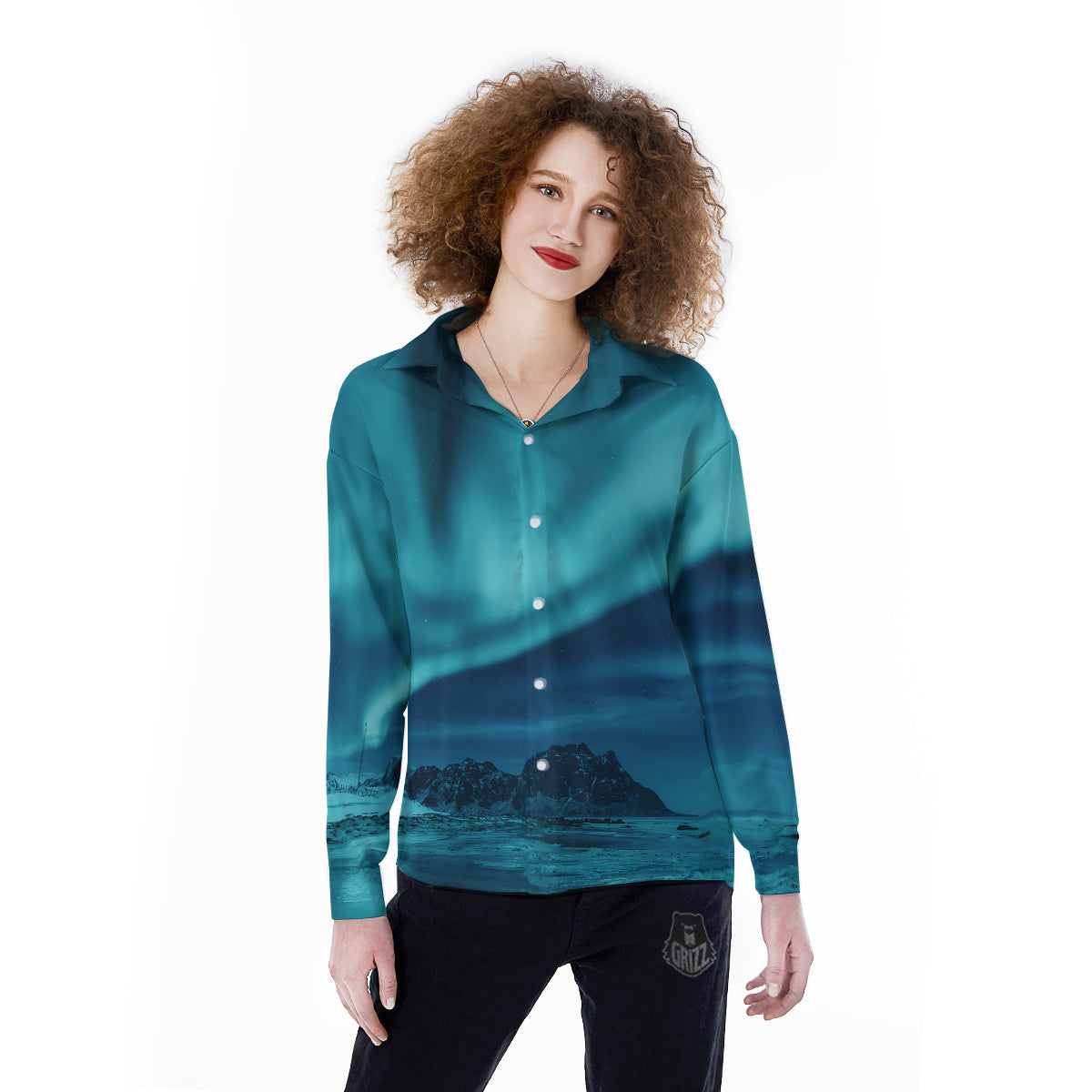 Blue Northern Lights And Mountain Print Women's Long Sleeve Shirts-grizzshop