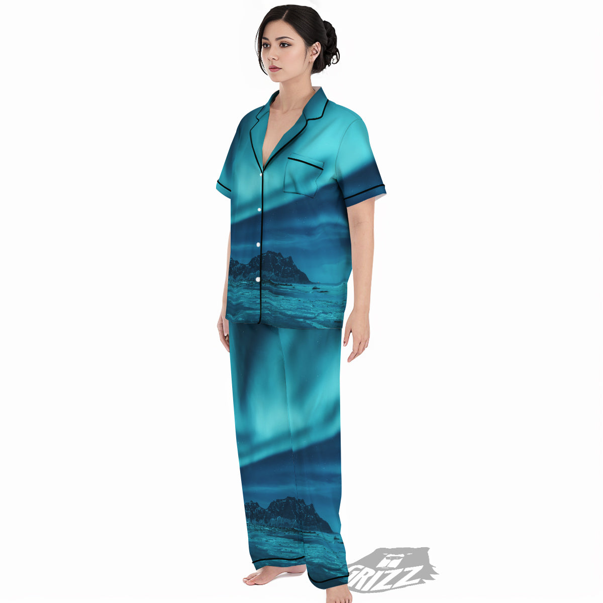 Blue Northern Lights And Mountain Print Women's Pajamas Set-grizzshop