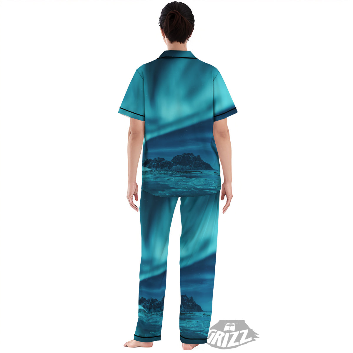 Blue Northern Lights And Mountain Print Women's Pajamas Set-grizzshop