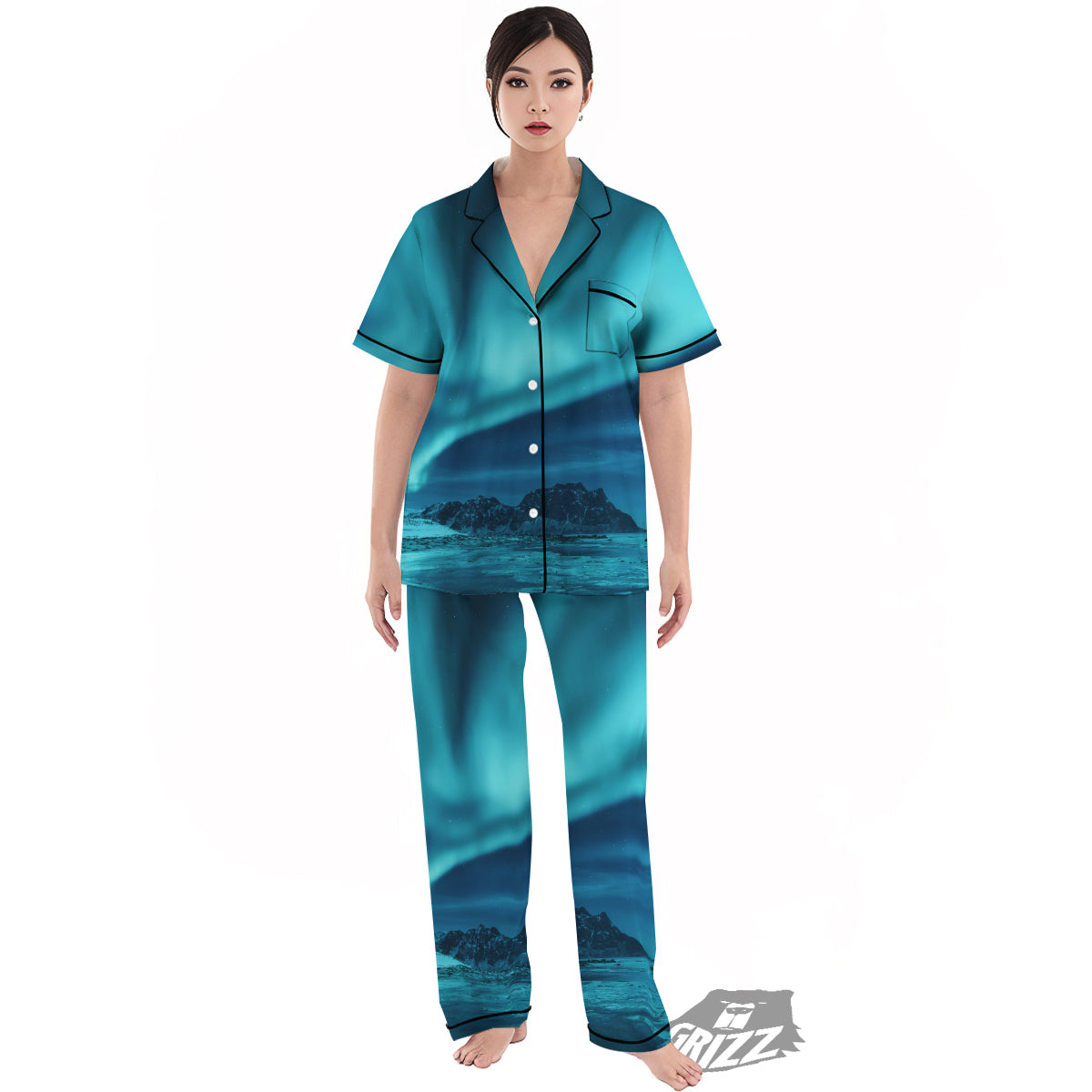 Blue Northern Lights And Mountain Print Women's Pajamas Set-grizzshop