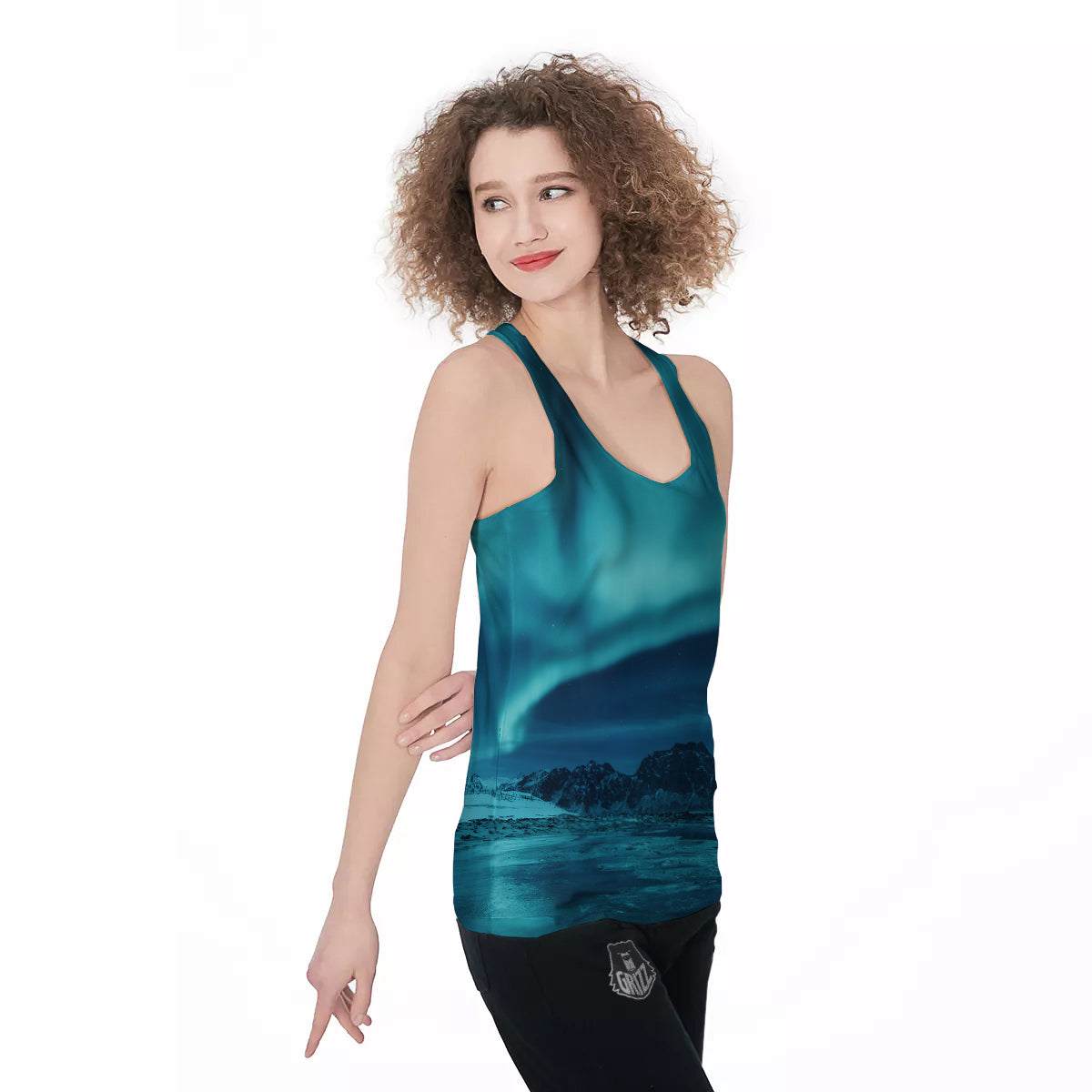 Blue Northern Lights And Mountain Print Women's Racerback Tank Top-grizzshop