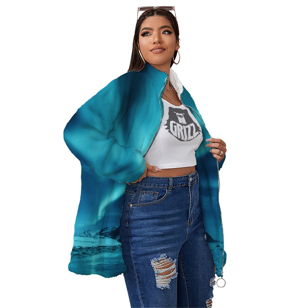 Blue Northern Lights And Mountain Print Women's Sherpa Jacket-grizzshop