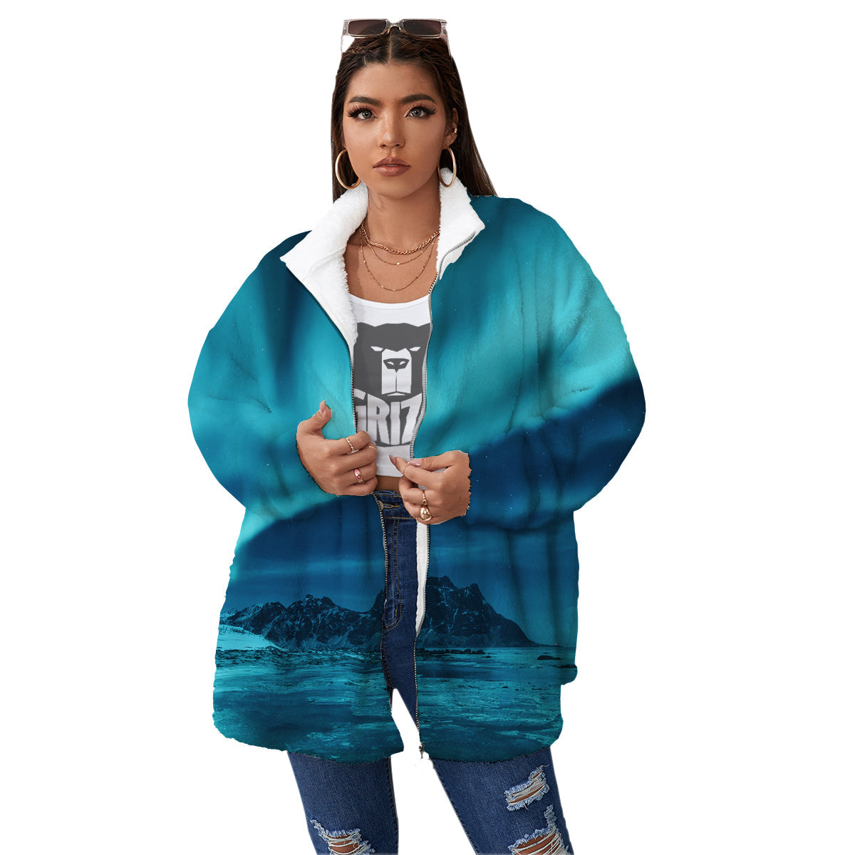 Blue Northern Lights And Mountain Print Women's Sherpa Jacket-grizzshop