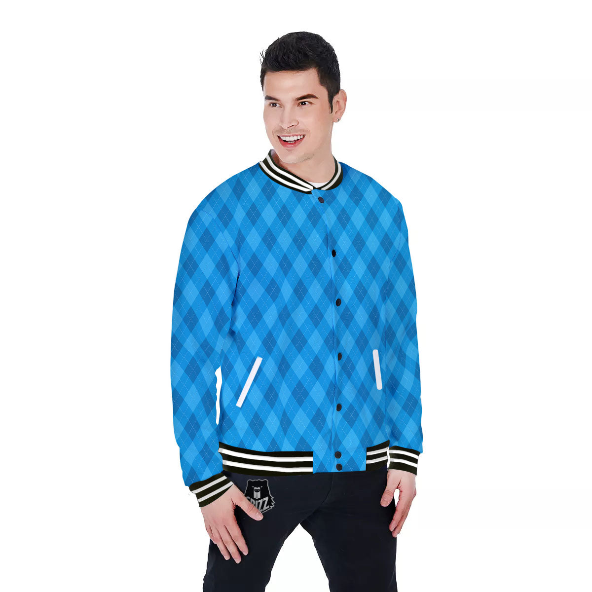 Blue Ocean Argyle Print Pattern Baseball Jacket-grizzshop