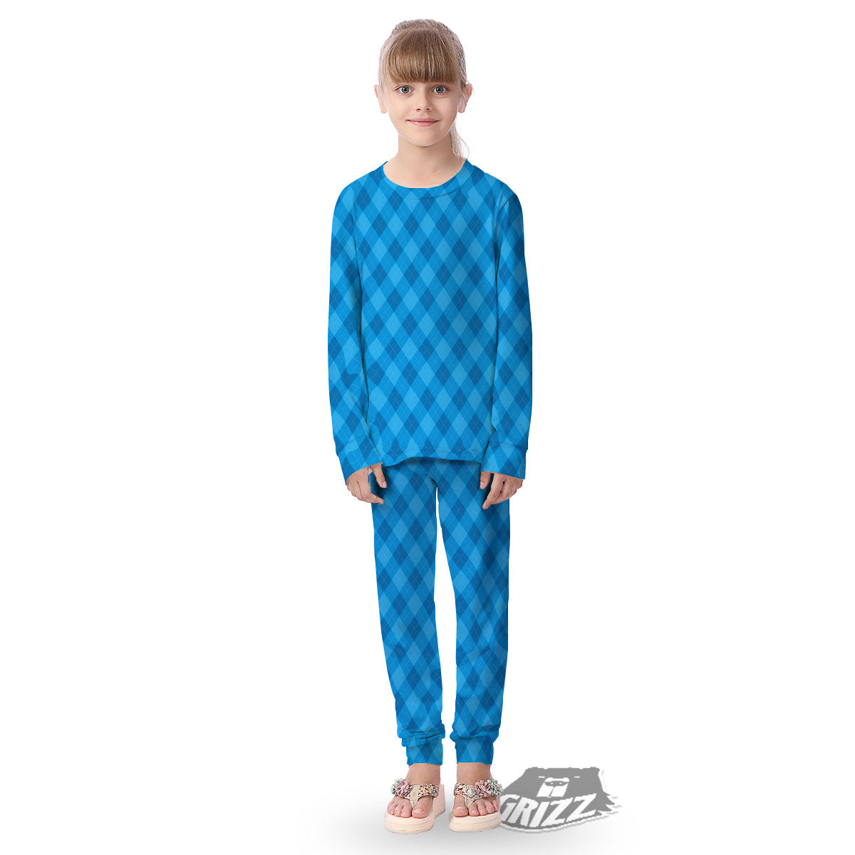 Blue Ocean Argyle Print Pattern Kid's Pajamas-grizzshop