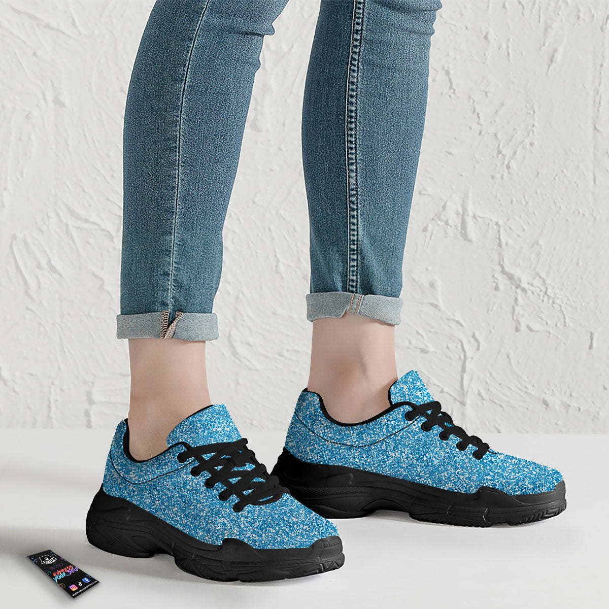 Blue Ocean Glitter Artwork Print Black Chunky Shoes-grizzshop