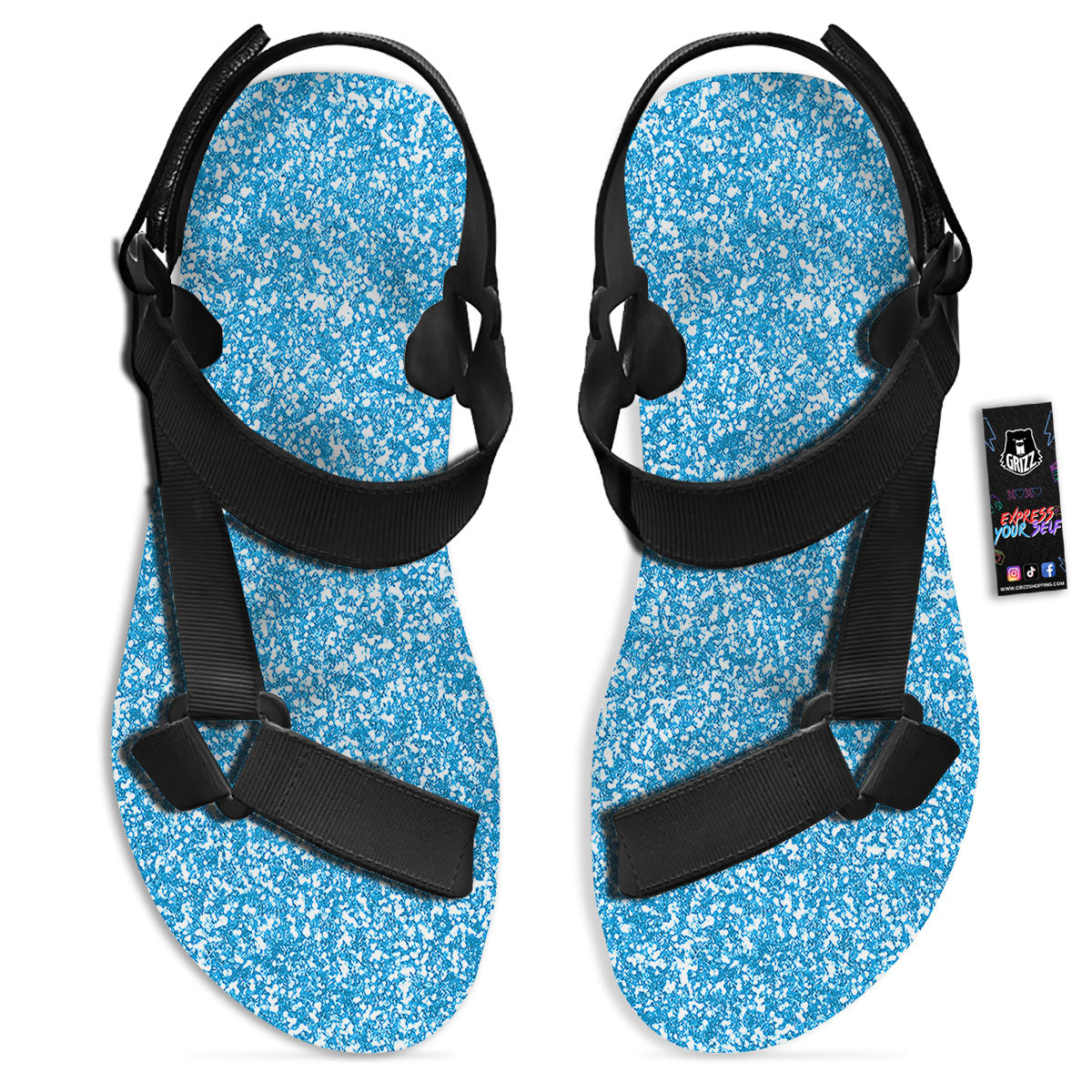 Blue Ocean Glitter Artwork Print Black Open Toe Sandals-grizzshop