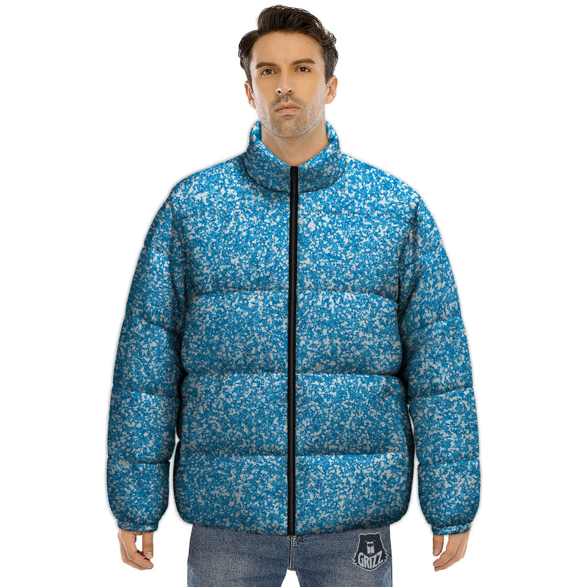 Blue Ocean Glitter Artwork Print Puffer Jacket-grizzshop