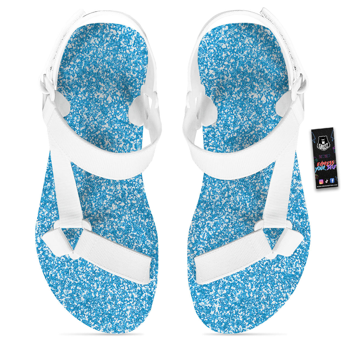 Blue Ocean Glitter Artwork Print White Open Toe Sandals-grizzshop