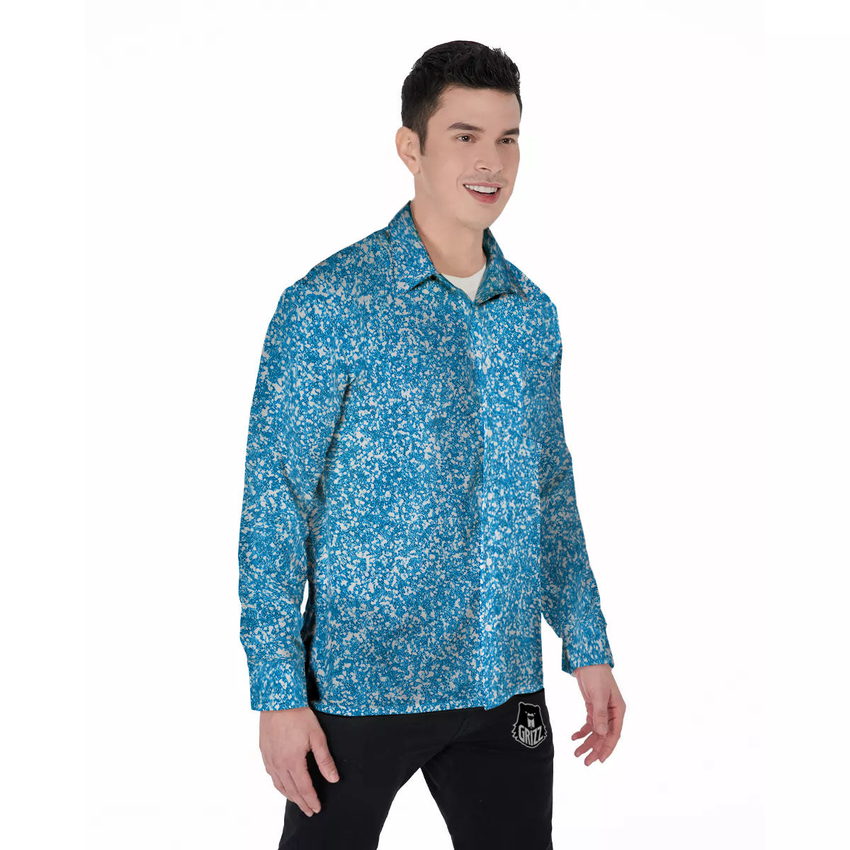 Blue Ocean Glitter Texture Print Men's Long Sleeve Shirts-grizzshop