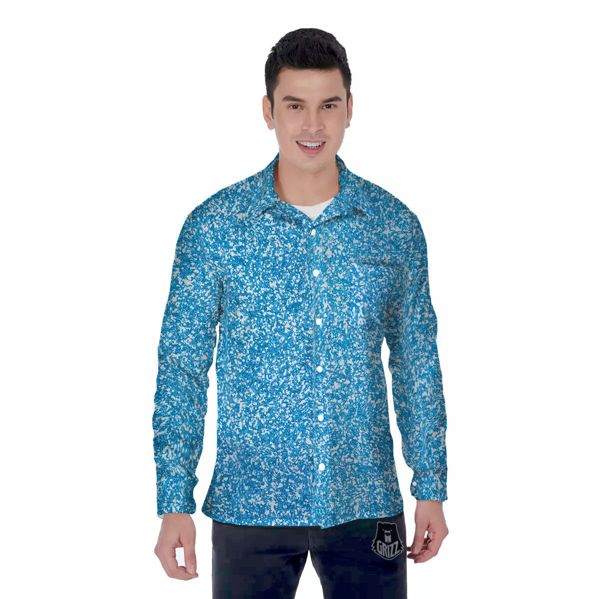 Blue Ocean Glitter Texture Print Men's Long Sleeve Shirts-grizzshop