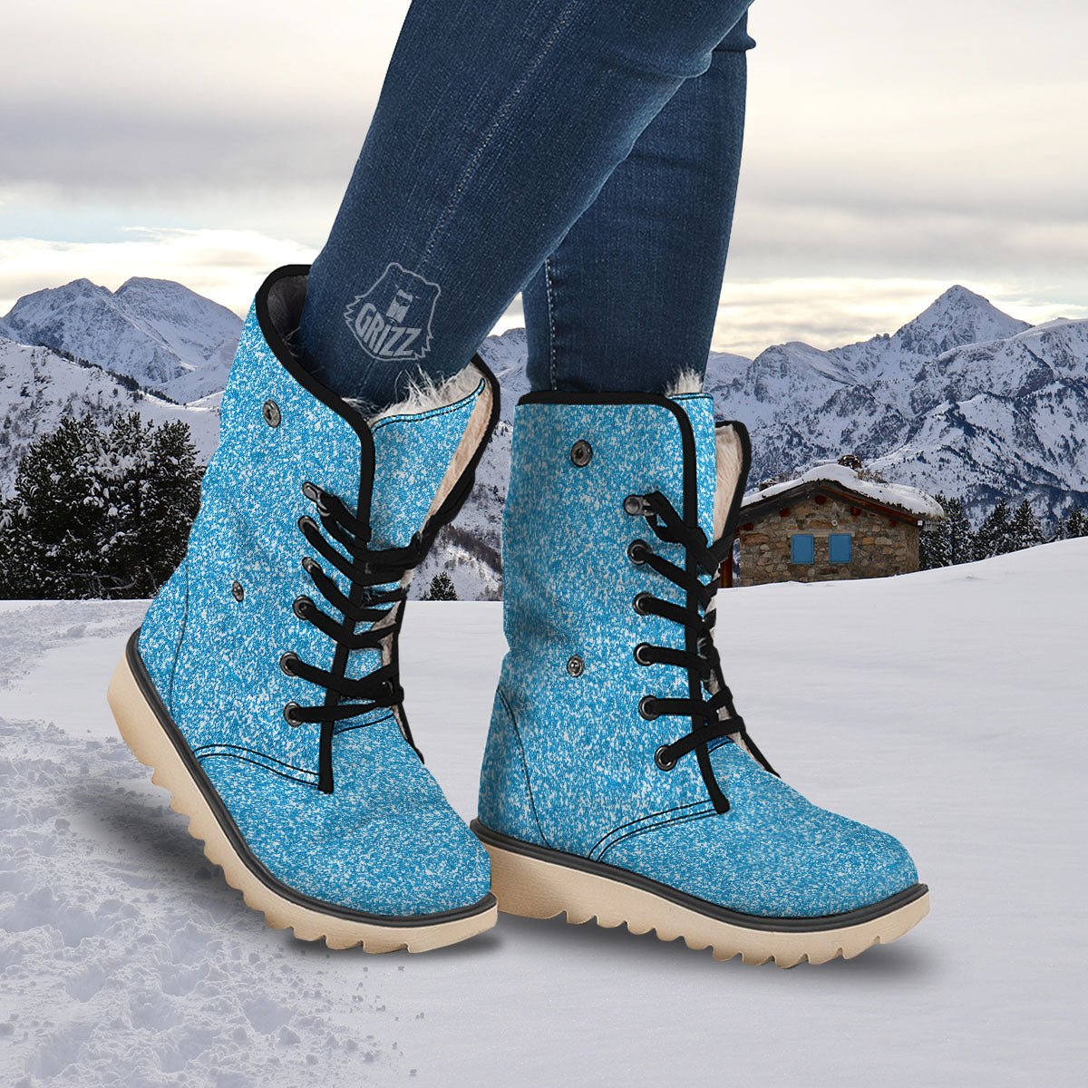 Blue Ocean Glitter Texture Print Snow Boots-grizzshop