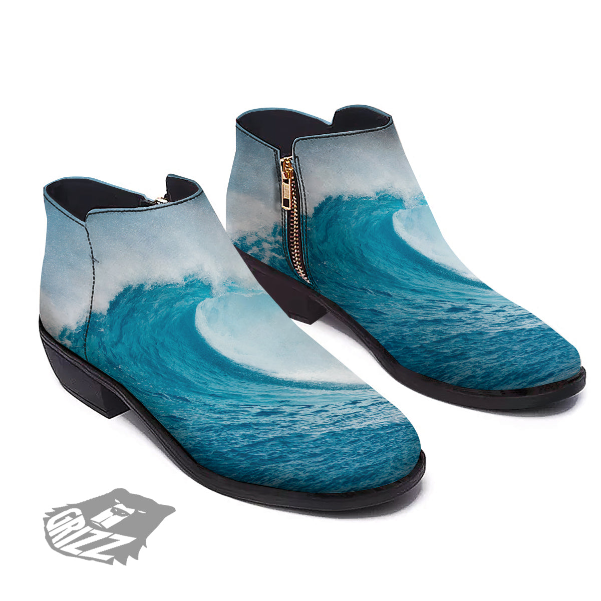 Blue Ocean Wave Print Ankle Boots-grizzshop