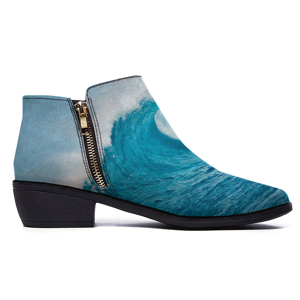 Blue Ocean Wave Print Ankle Boots-grizzshop