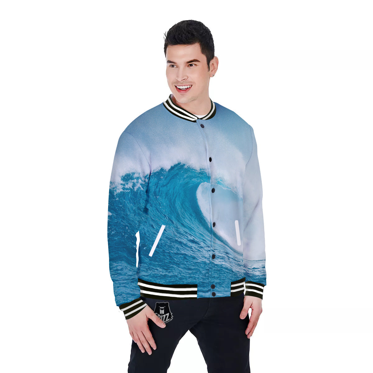 Blue Ocean Wave Print Baseball Jacket-grizzshop