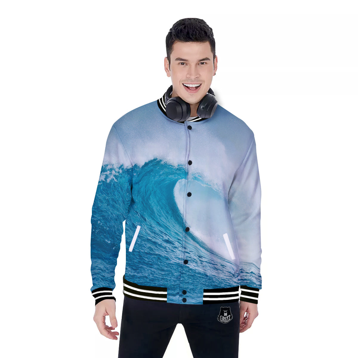 Blue Ocean Wave Print Baseball Jacket-grizzshop