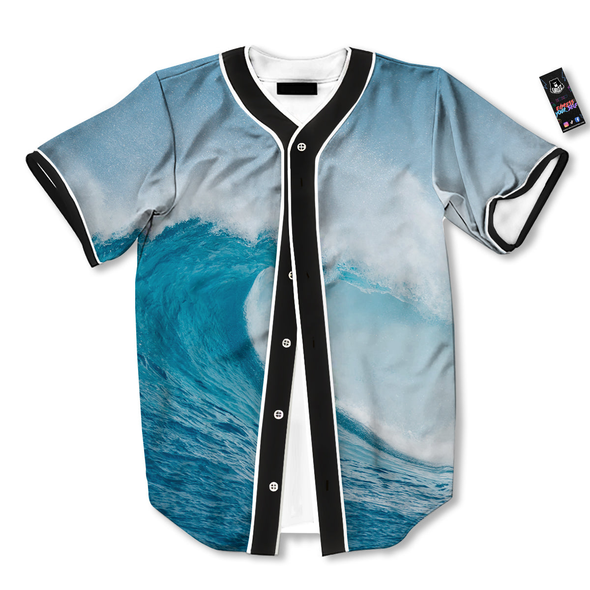 Blue Ocean Wave Print Baseball Jersey-grizzshop