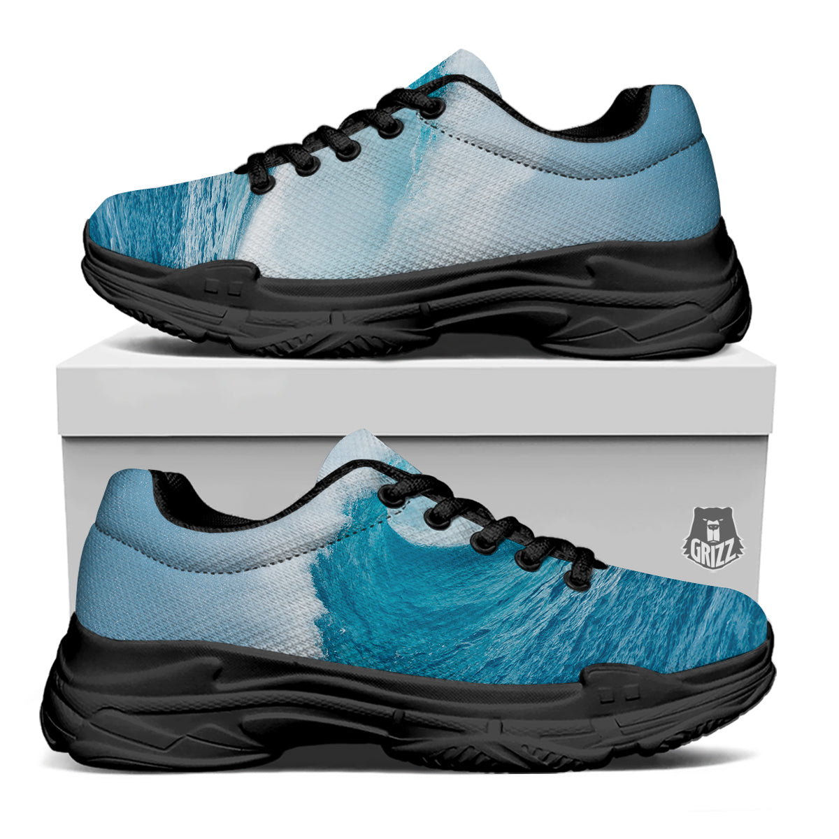 Blue Ocean Wave Print Black Chunky Shoes-grizzshop