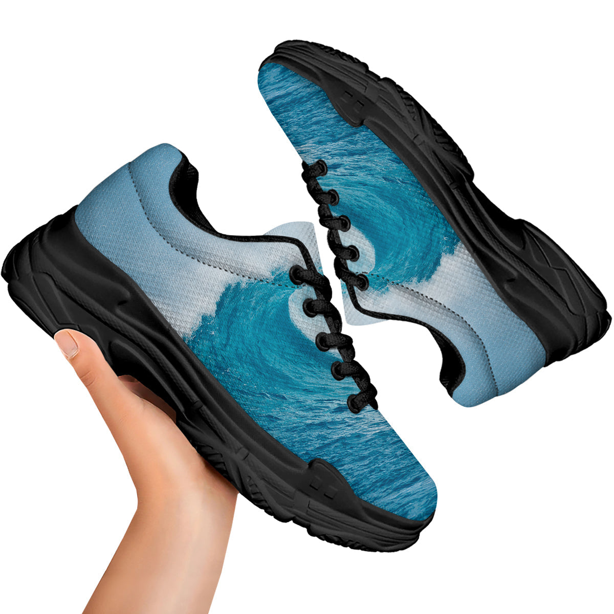 Blue Ocean Wave Print Black Chunky Shoes-grizzshop