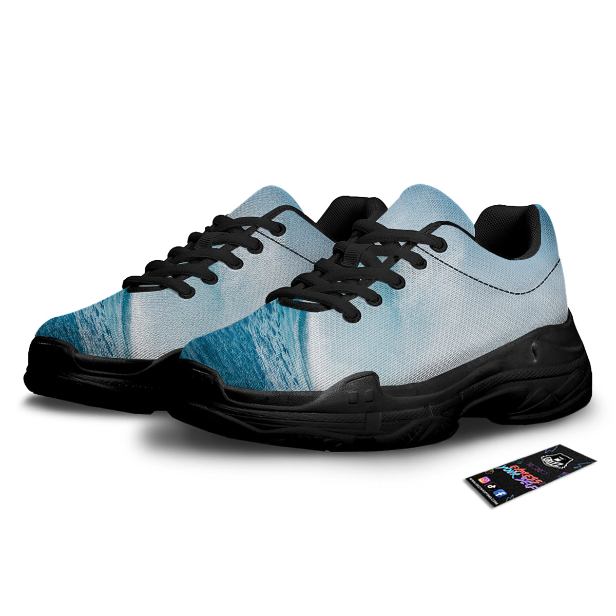 Blue Ocean Wave Print Black Chunky Shoes-grizzshop