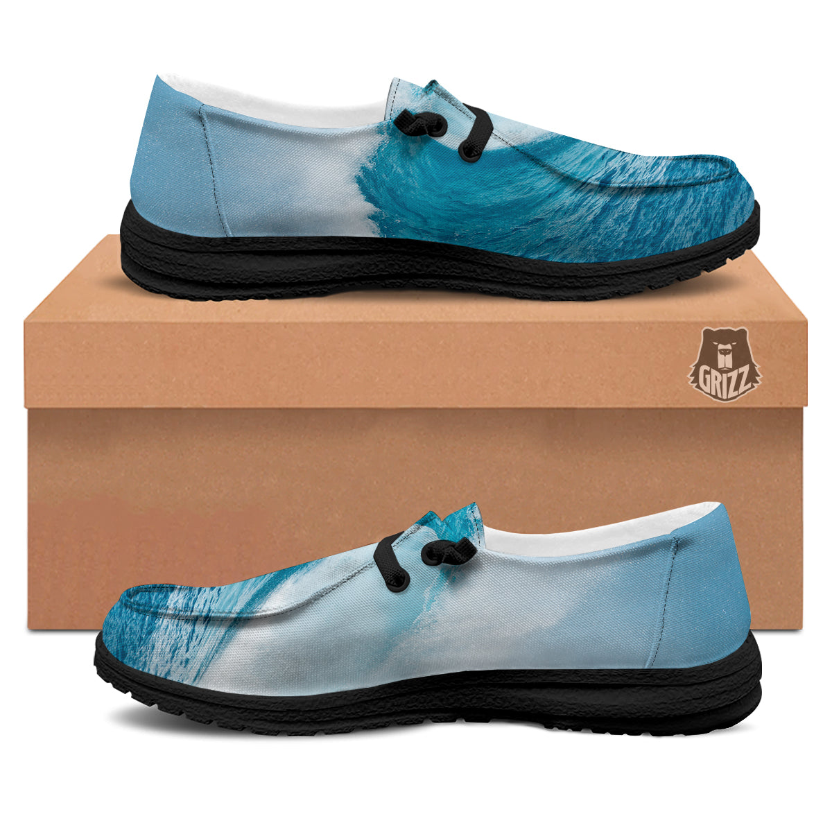Blue Ocean Wave Print Black Loafers-grizzshop