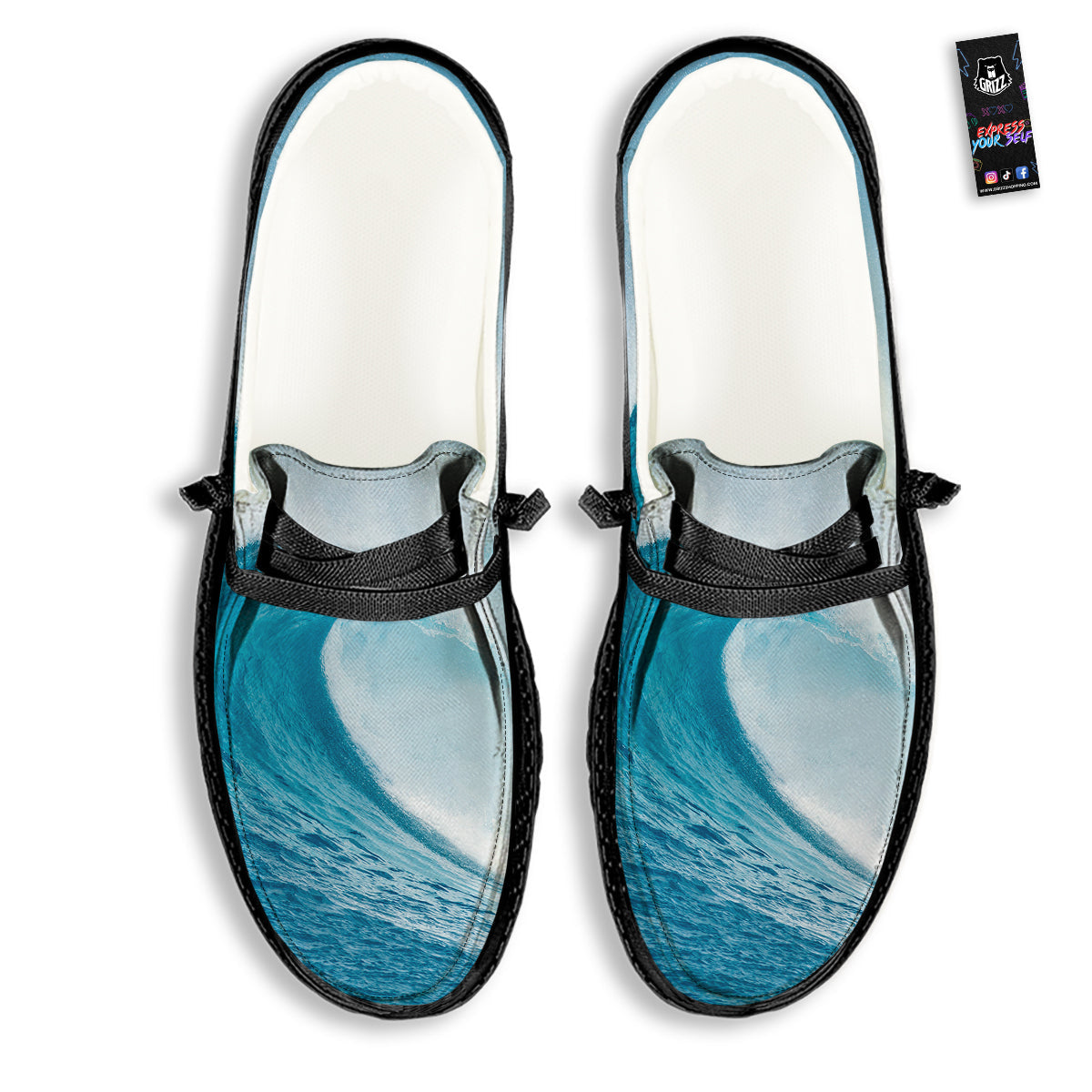 Blue Ocean Wave Print Black Loafers-grizzshop