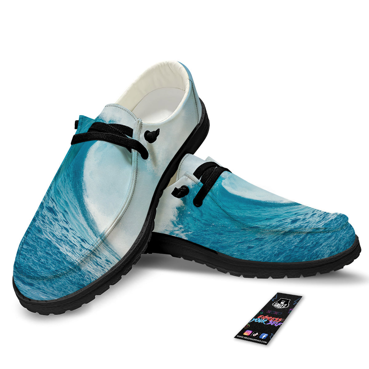 Blue Ocean Wave Print Black Loafers-grizzshop