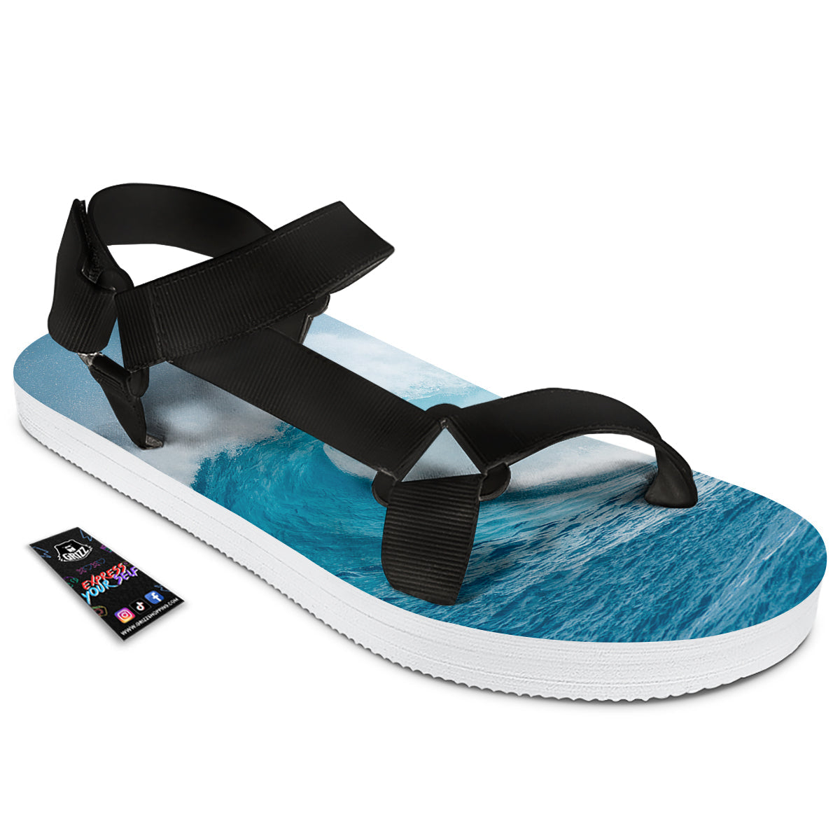 Blue Ocean Wave Print Black Open Toe Sandals-grizzshop