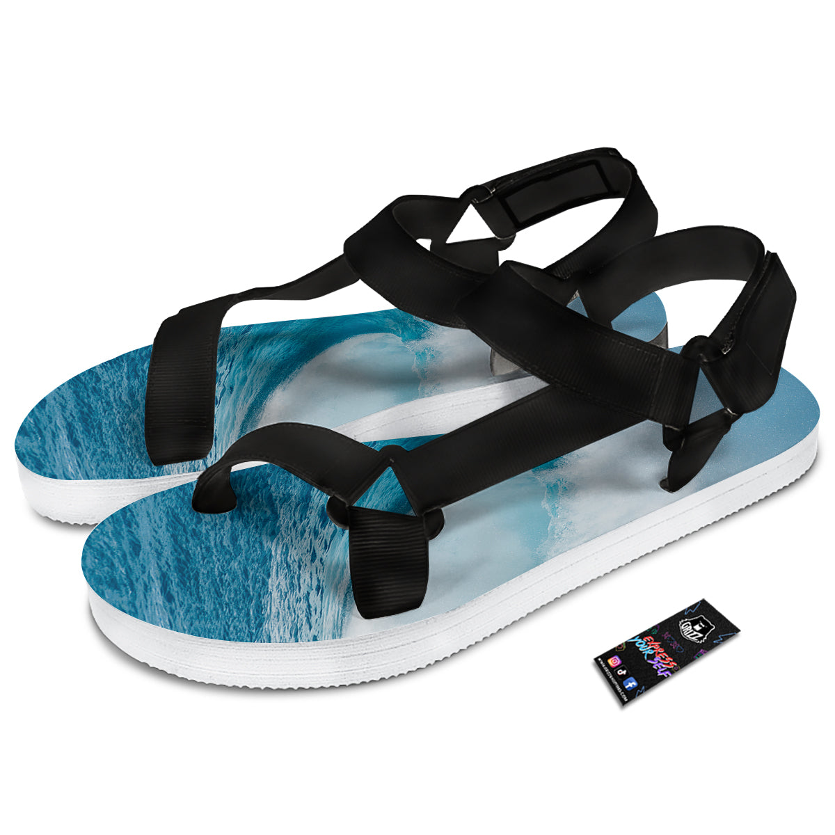 Blue Ocean Wave Print Black Open Toe Sandals-grizzshop