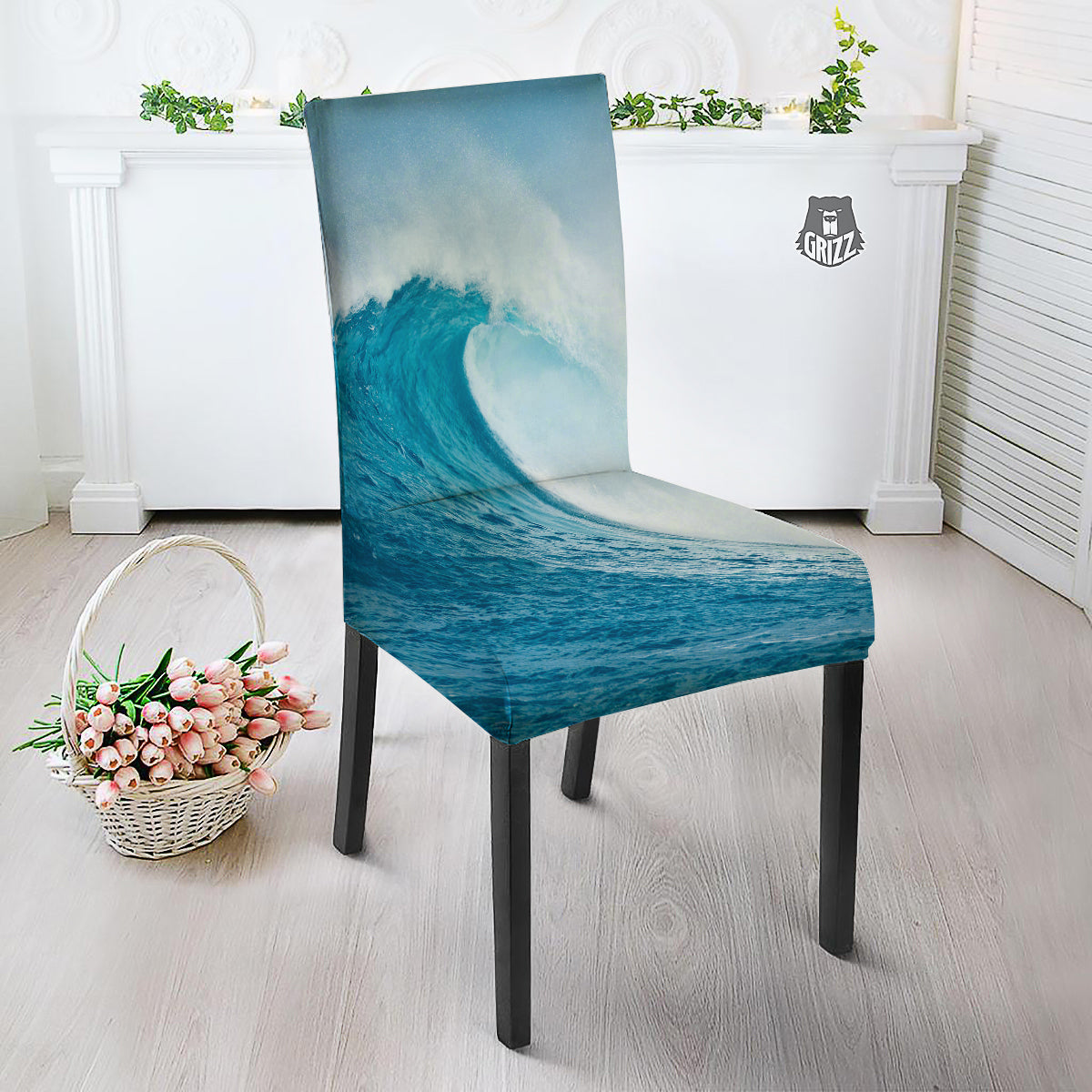 Blue Ocean Wave Print Dining Chair Slipcover-grizzshop