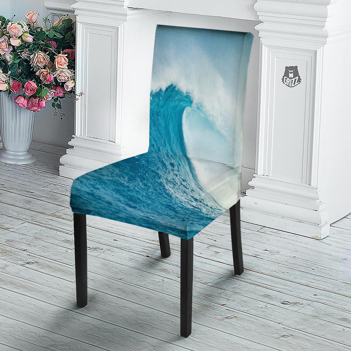 Blue Ocean Wave Print Dining Chair Slipcover-grizzshop