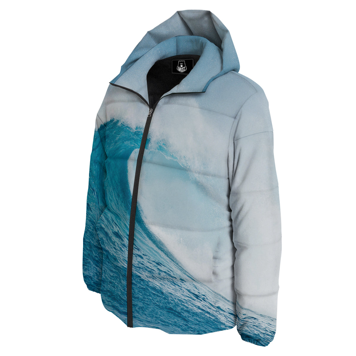 Blue Ocean Wave Print Down Jacket-grizzshop