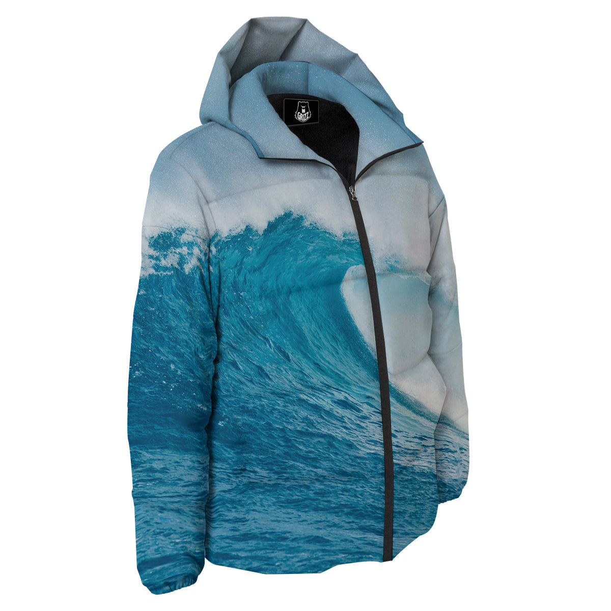 Blue Ocean Wave Print Down Jacket-grizzshop