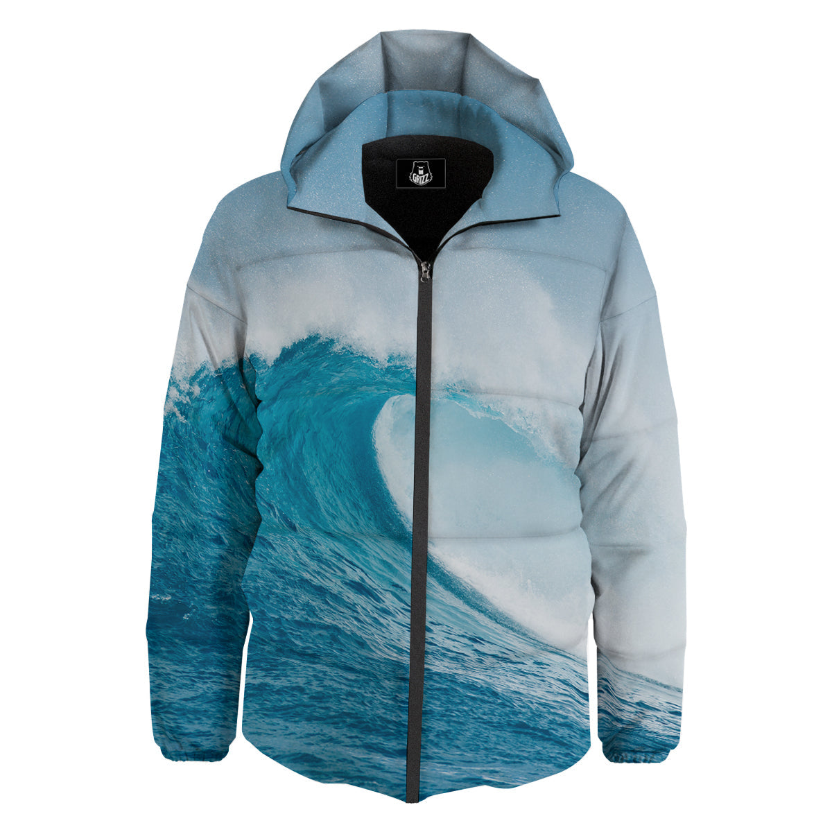 Blue Ocean Wave Print Down Jacket-grizzshop
