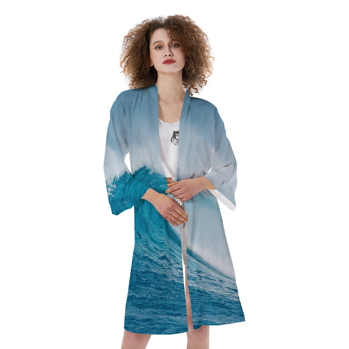 Blue Ocean Wave Print Kimono-grizzshop
