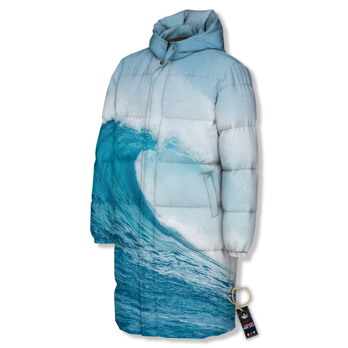 Blue Ocean Wave Print Long Down Jacket-grizzshop