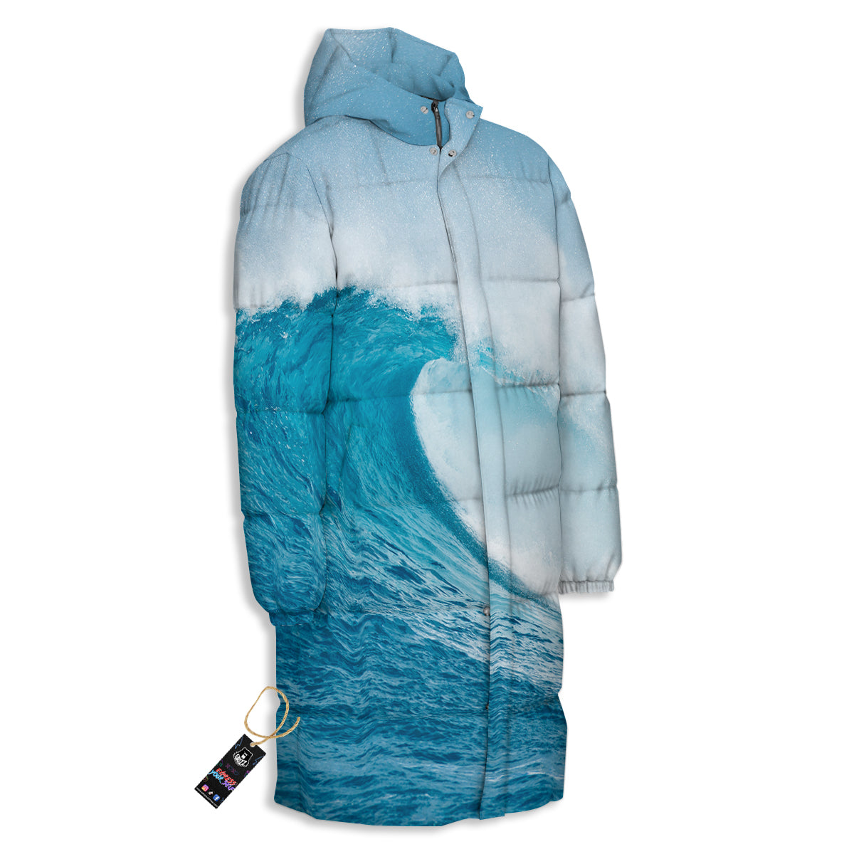 Blue Ocean Wave Print Long Down Jacket-grizzshop