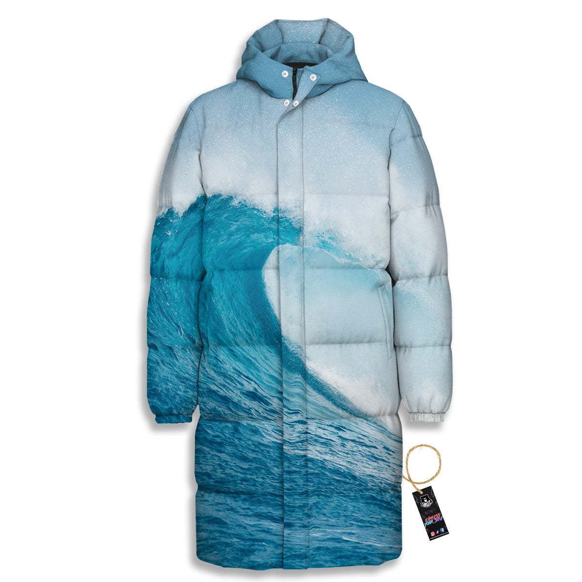 Blue Ocean Wave Print Long Down Jacket-grizzshop