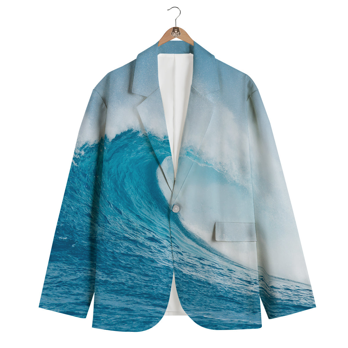 Blue Ocean Wave Print Men's Blazer-grizzshop