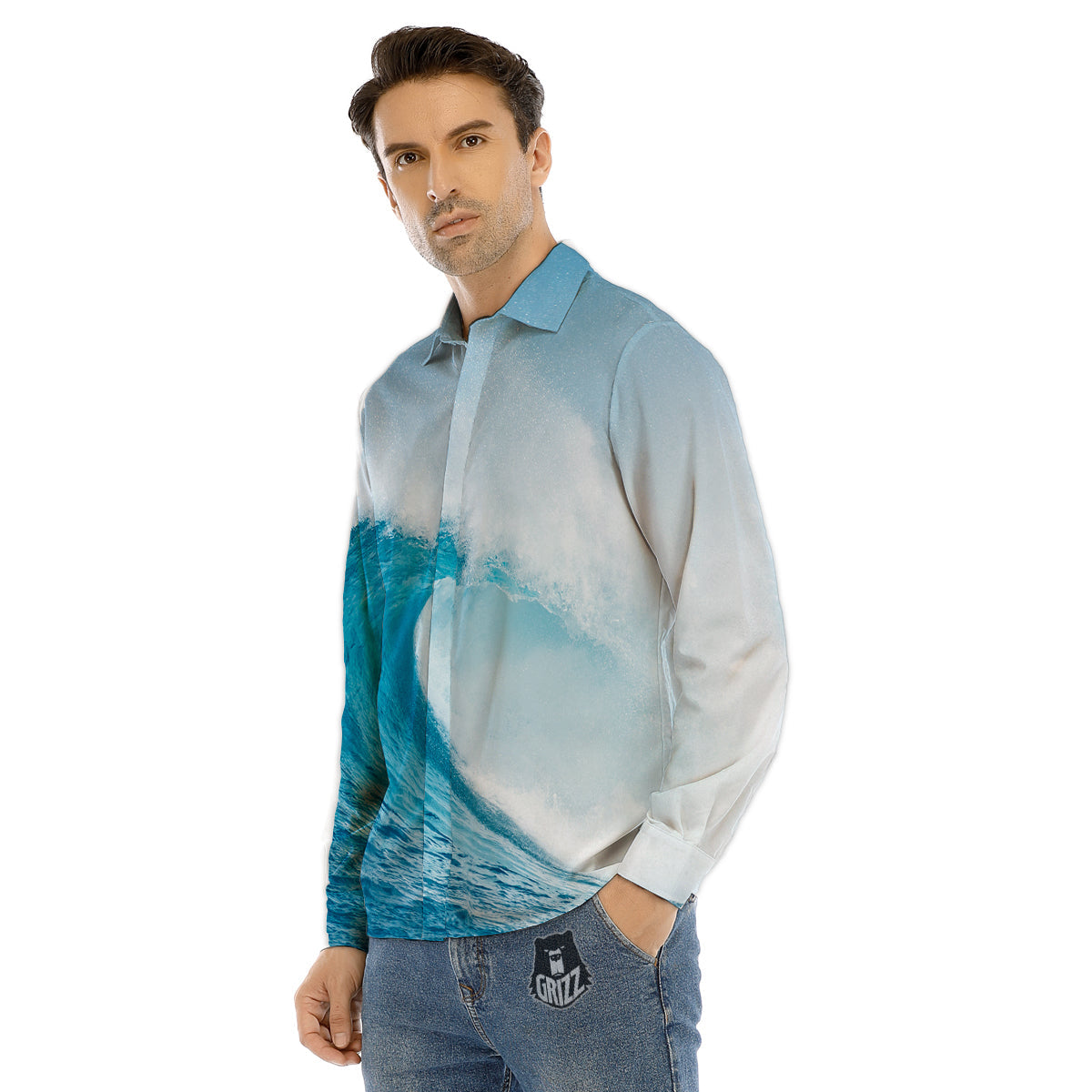 Blue Ocean Wave Print Men's Dress Shirts-grizzshop