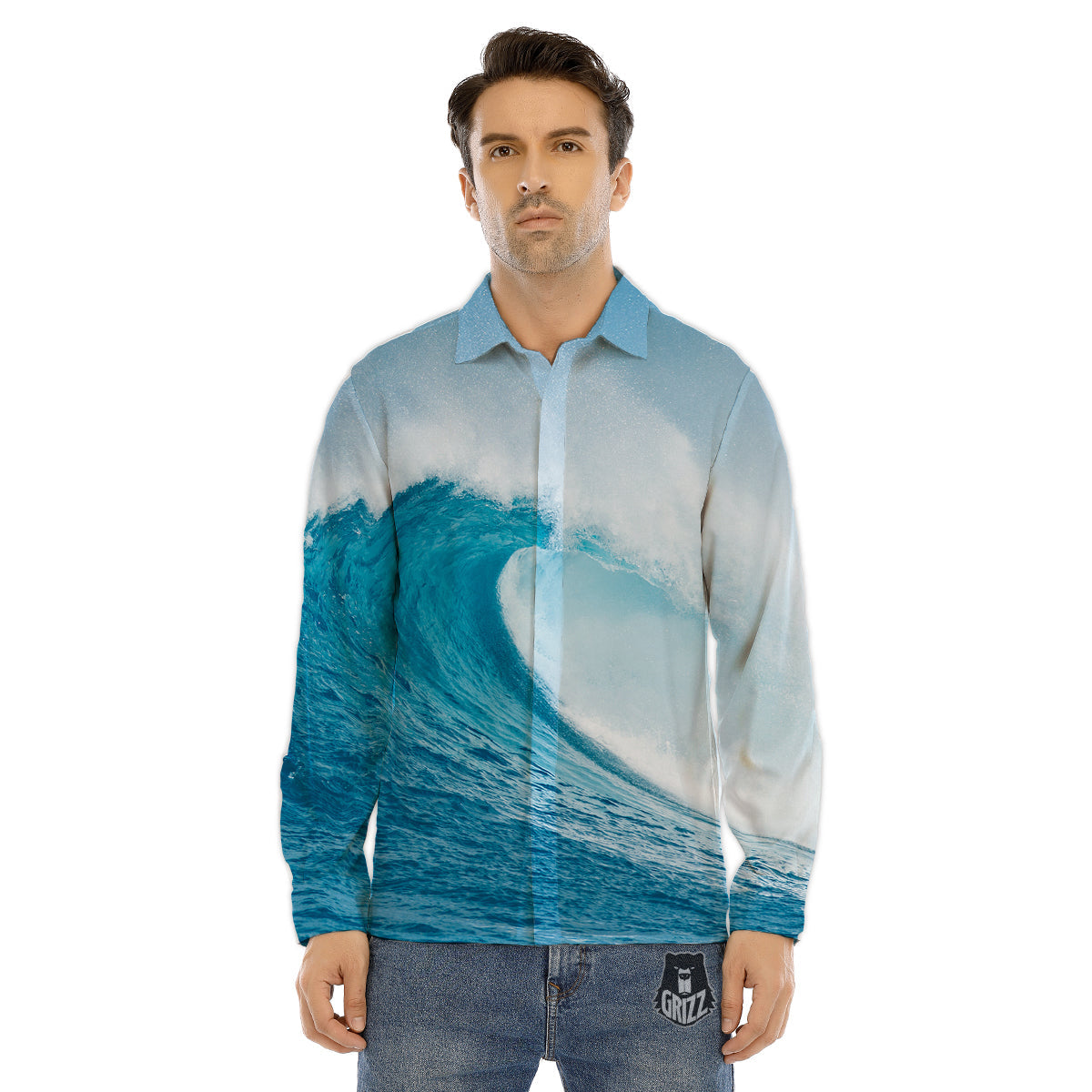 Blue Ocean Wave Print Men's Dress Shirts-grizzshop